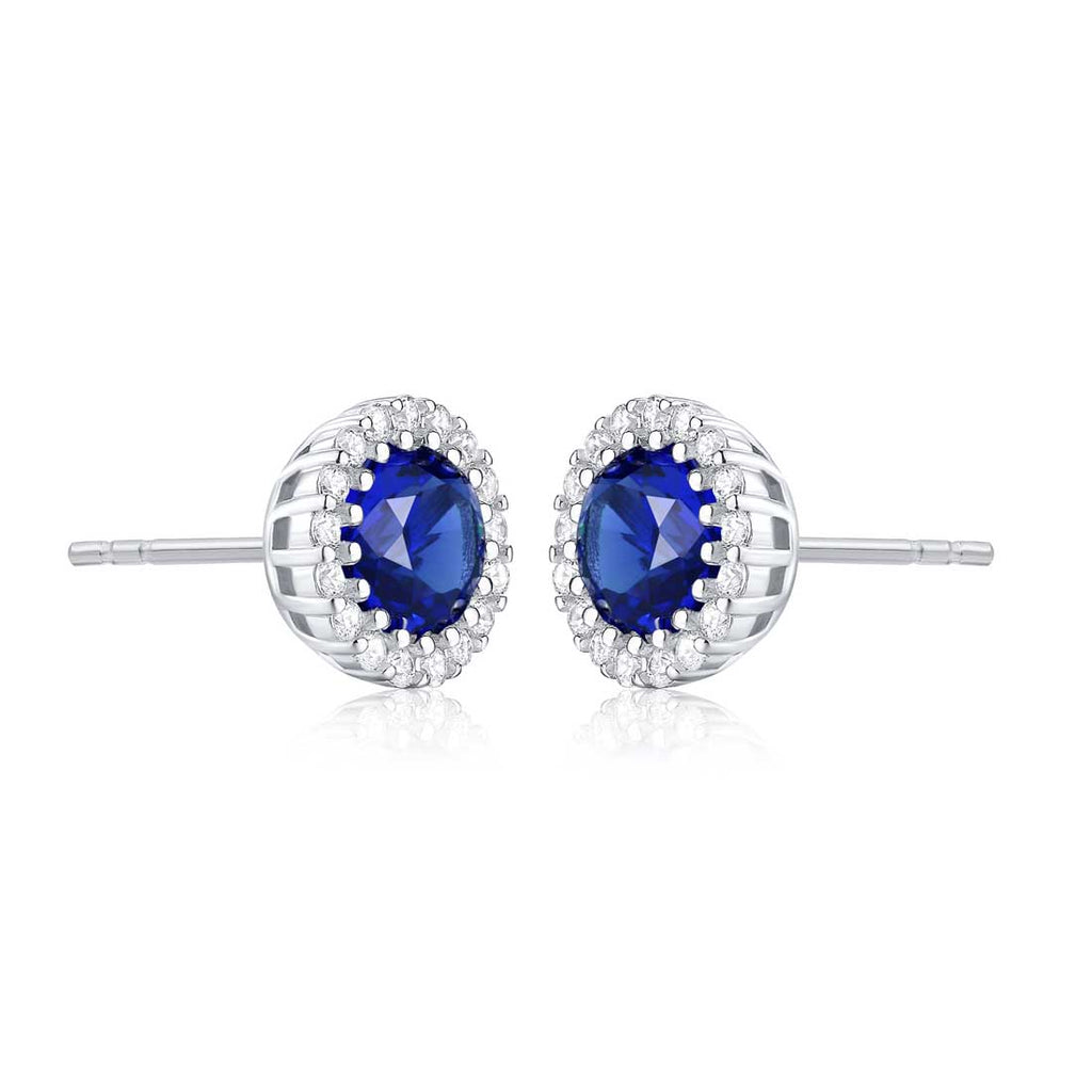 Sterling Silver Round Dark Blue Halo Stud Earrings