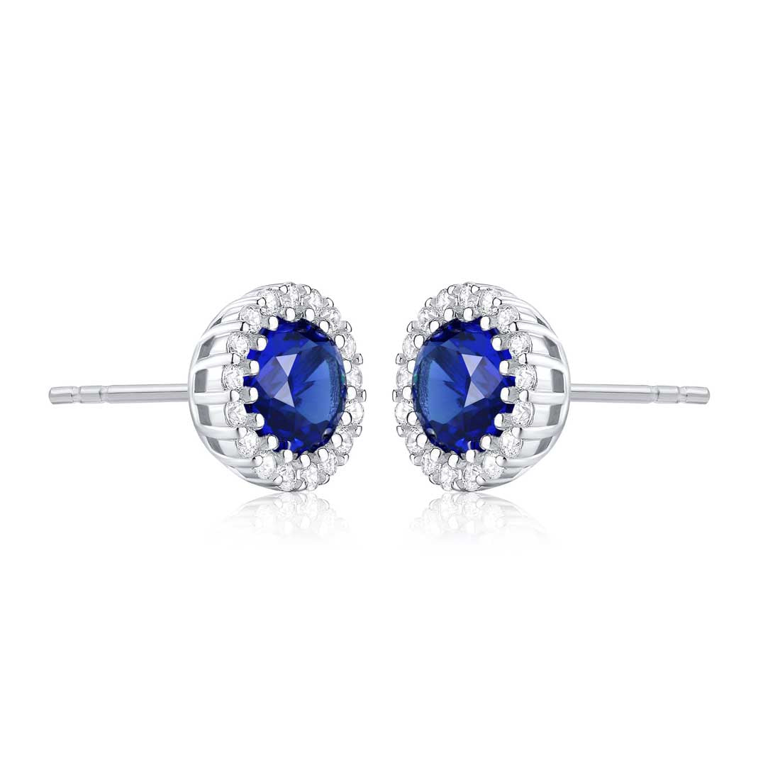 Sterling Silver Round Dark Blue Halo Stud Earrings