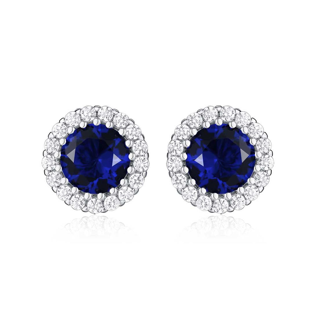 Sterling Silver Round Dark Blue Halo Stud Earrings
