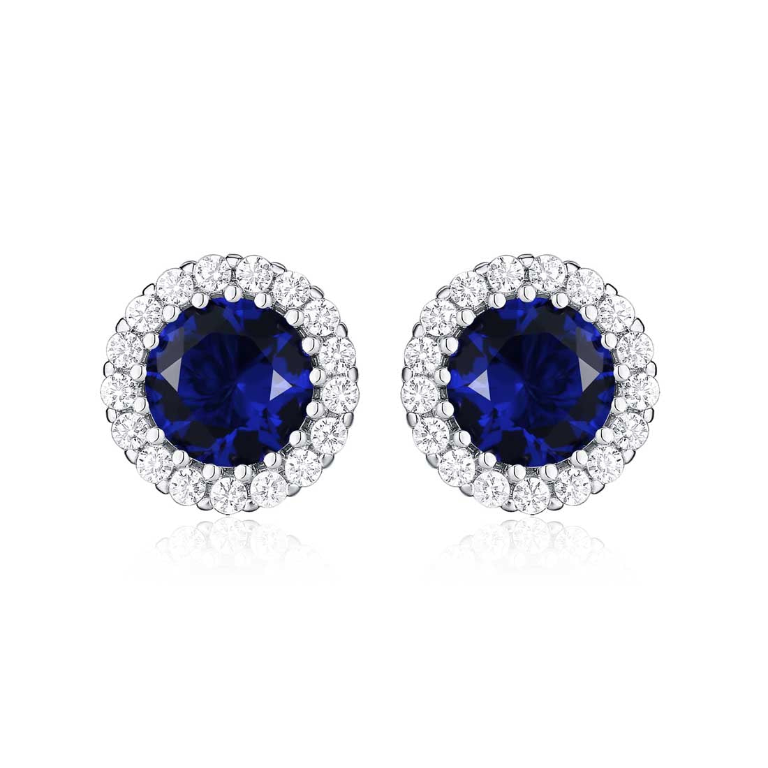 Sterling Silver Round Dark Blue Halo Stud Earrings