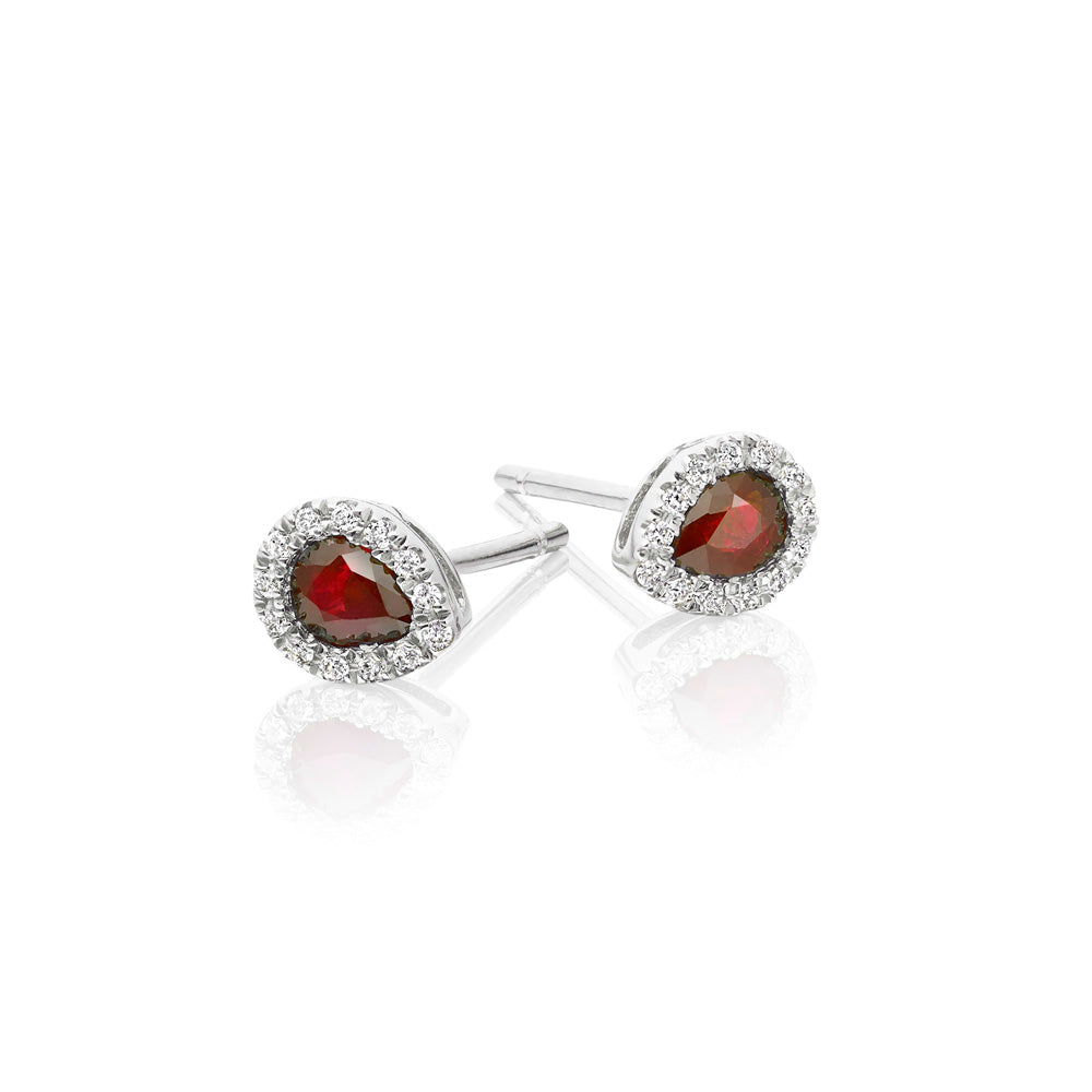 0.35ct Pear Ruby Earrings with Diamond Halo 18K White Gold
