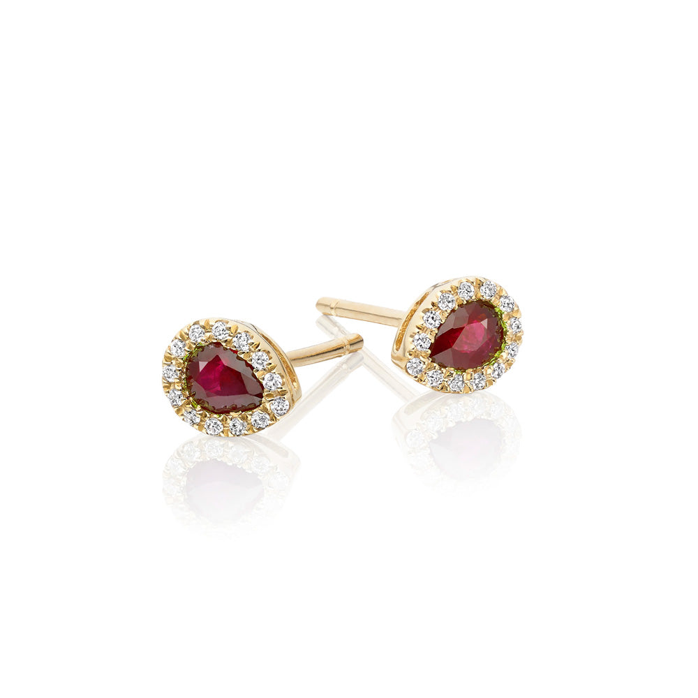 0.35ct Pear Ruby Earrings with Diamond Halo 9K Yellow Gold 