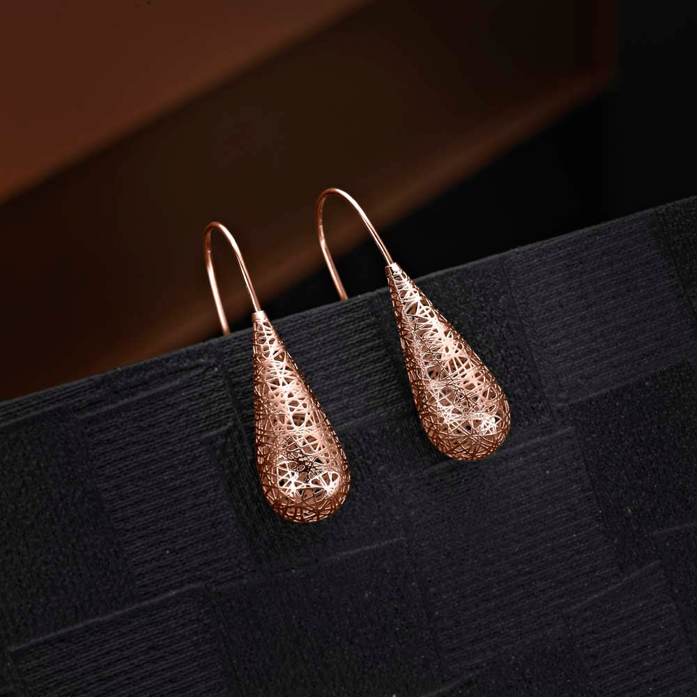 Side view of Rose Gold Plated Conical Web 925 Sterling Silver Drop Earrings