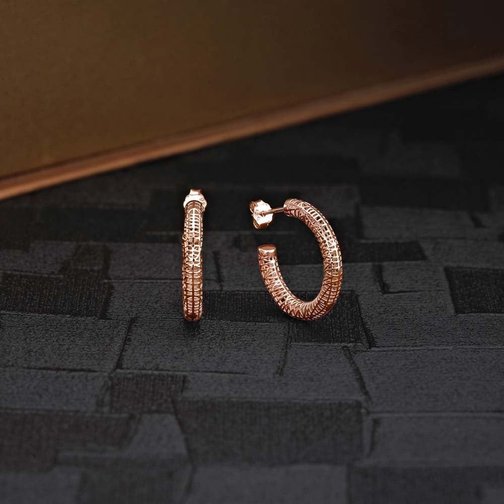 Rose Gold Plated Web Design 925 Sterling Silver Hoop Earrings on black surface