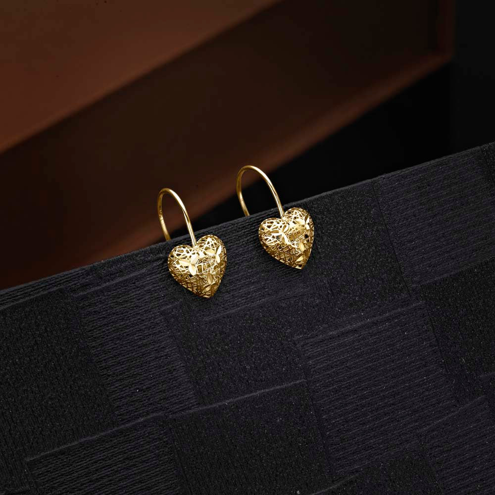 Gold Plated Webbed Heart 925 Sterling Silver Drop Earrings on black surface