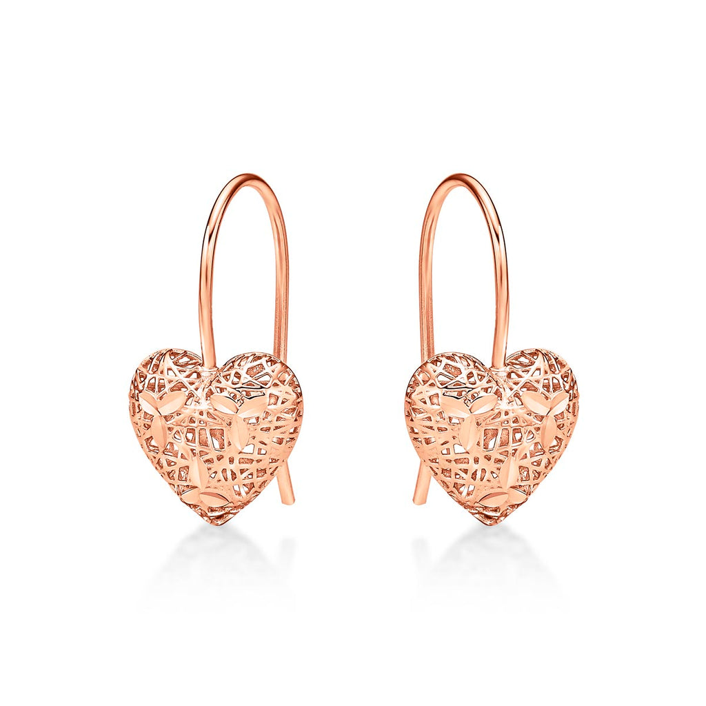 Rose Gold Plated Webbed Heart 925 Sterling Silver Drop Earrings