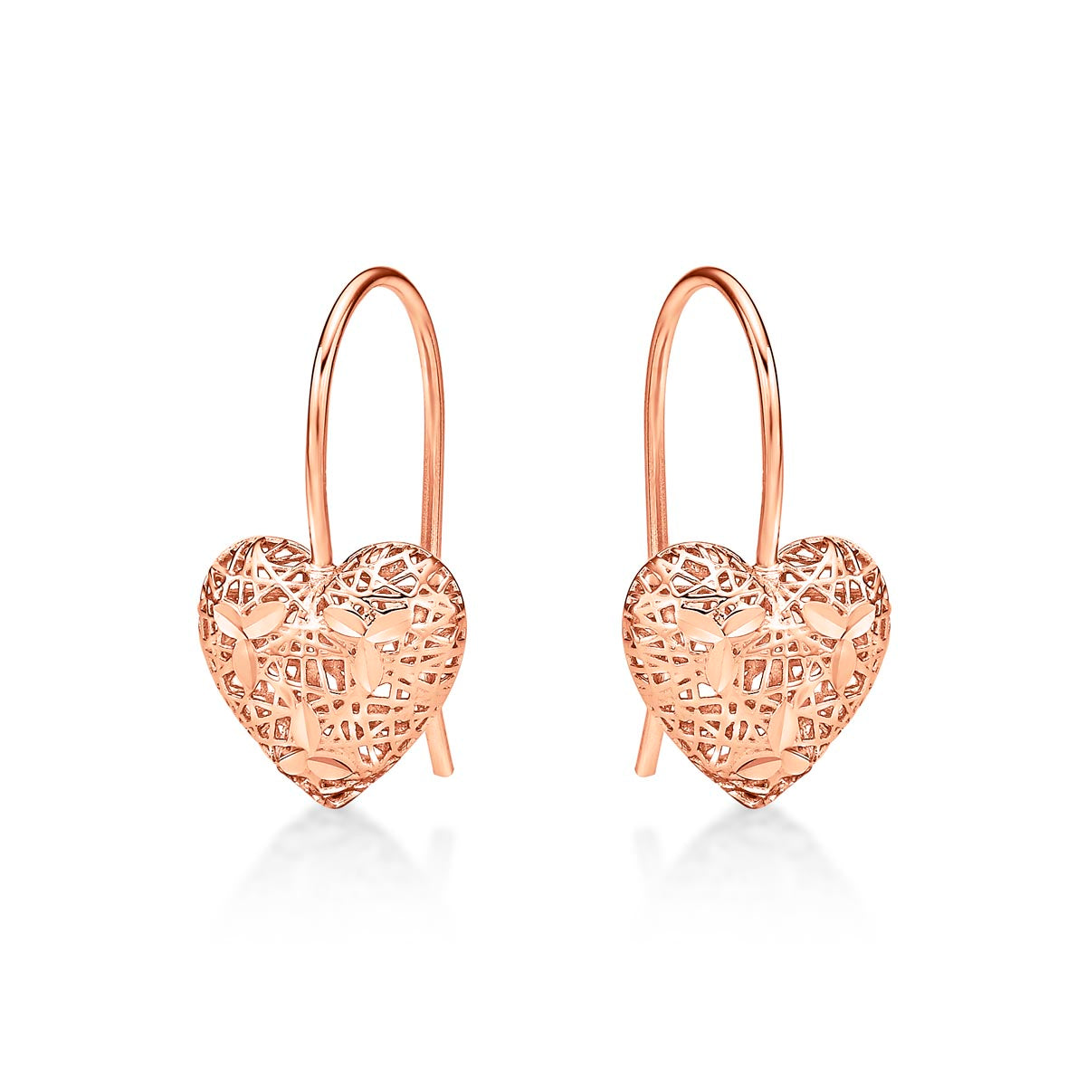 Rose Gold Plated Webbed Heart 925 Sterling Silver Drop Earrings
