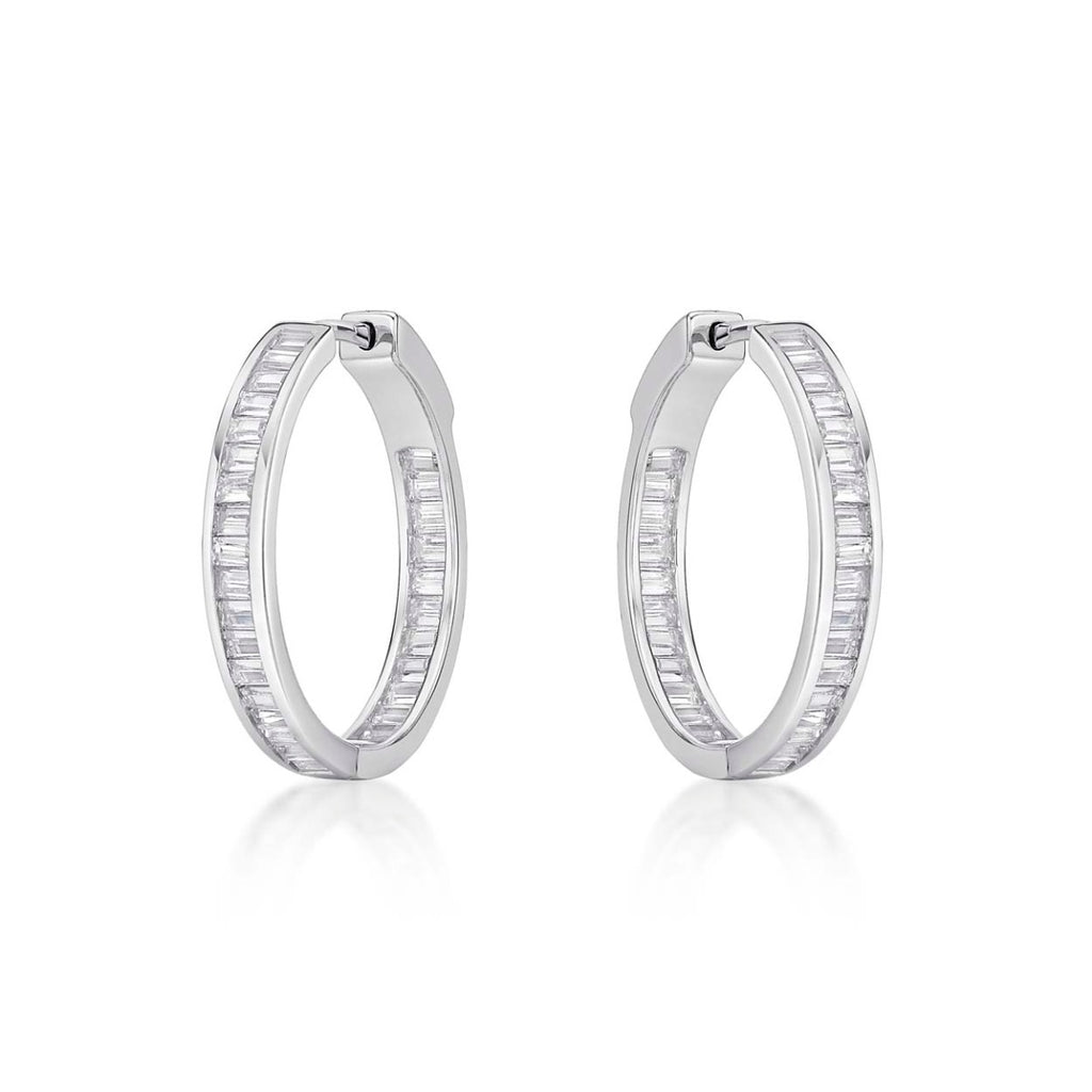 Sterling Silver Hoop Earrings 25mm, Channel Set Baguette Cubic Zirconia