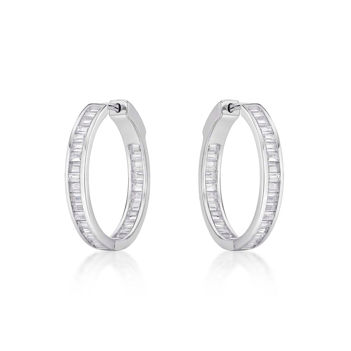 Sterling Silver Hoop Earrings 25mm, Channel Set Baguette Cubic Zirconia