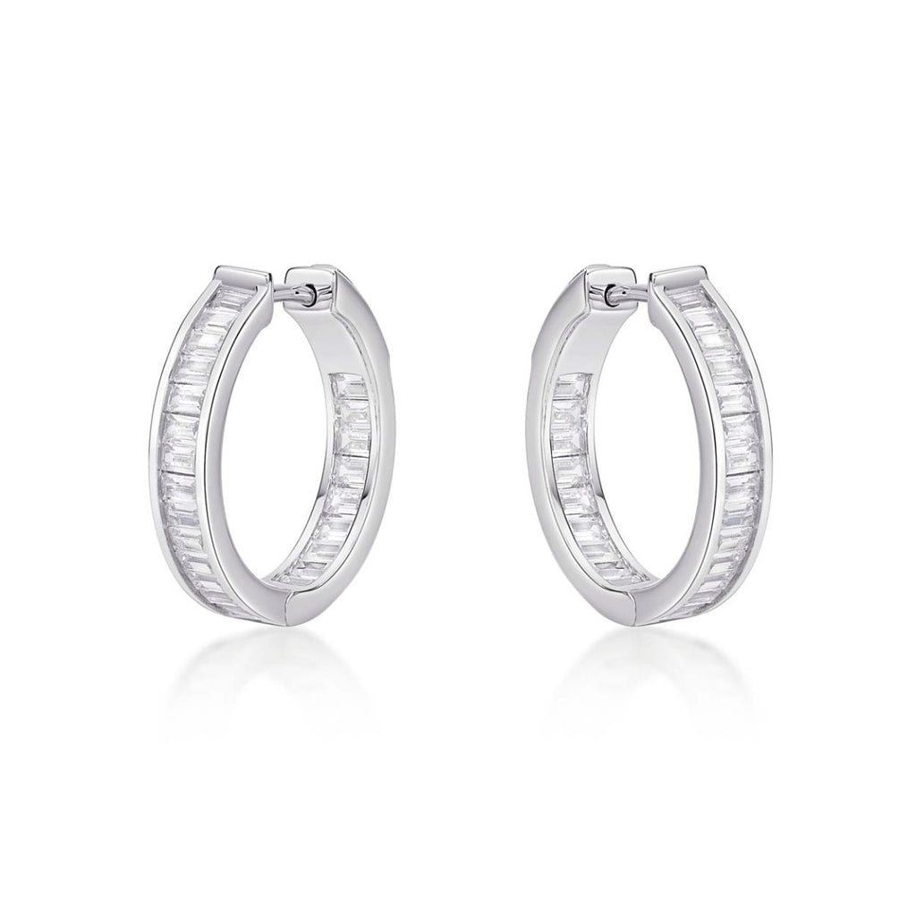 Sterling Silver Hoop Earrings 20mm, Channel Set Baguette Cubic Zirconia