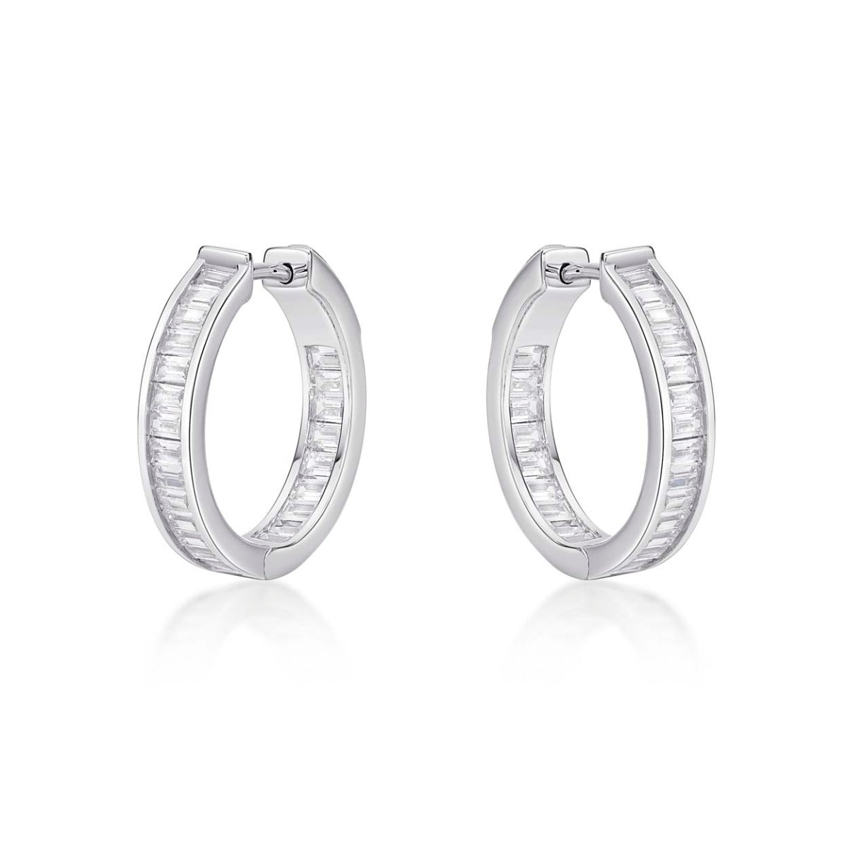 Sterling Silver Hoop Earrings 20mm, Channel Set Baguette Cubic Zirconia
