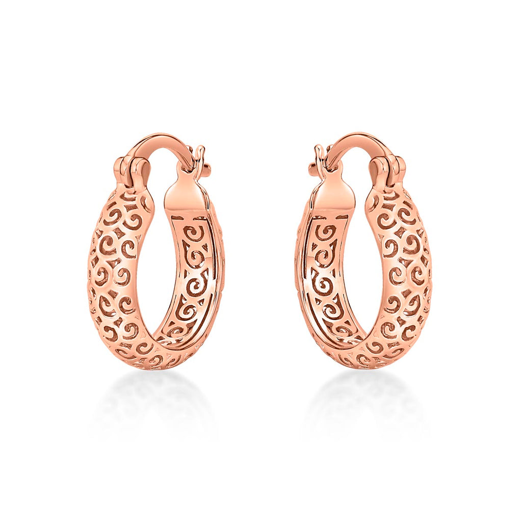 Rose Gold Plated Ornate 925 Sterling Silver Hoop Earrings