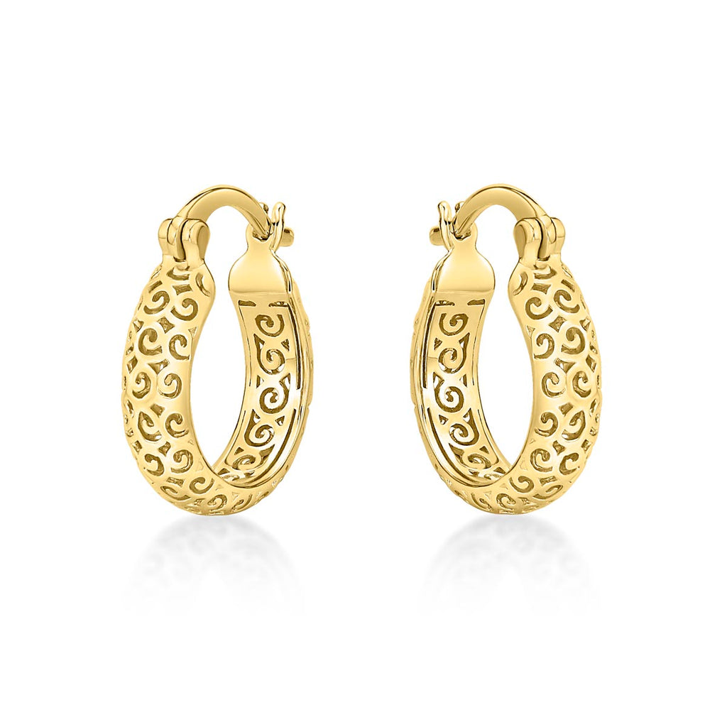 Gold Plated Ornate 925 Sterling Silver Hoop Earrings