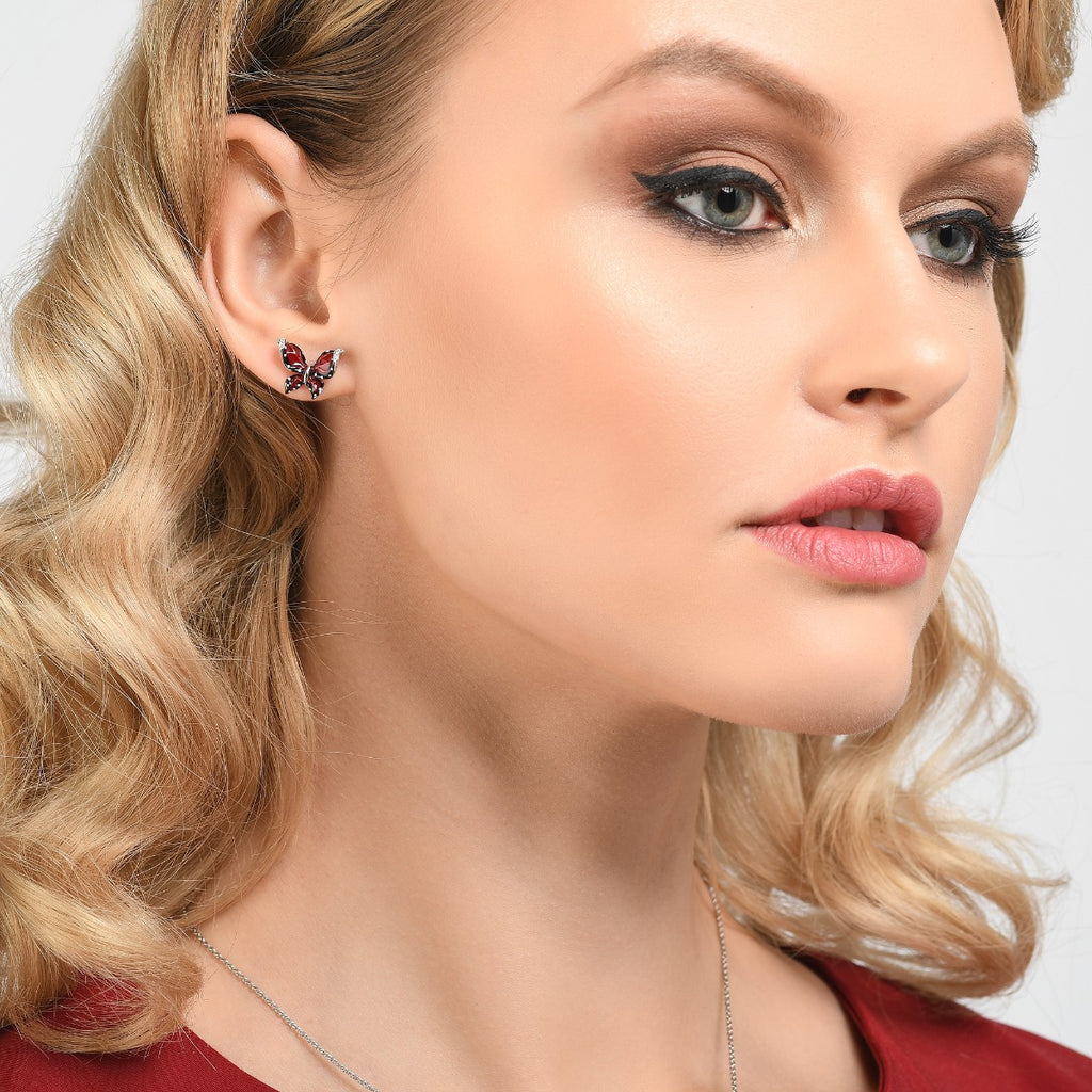Sterling Silver Burgundy Enamel Butterfly Earrings