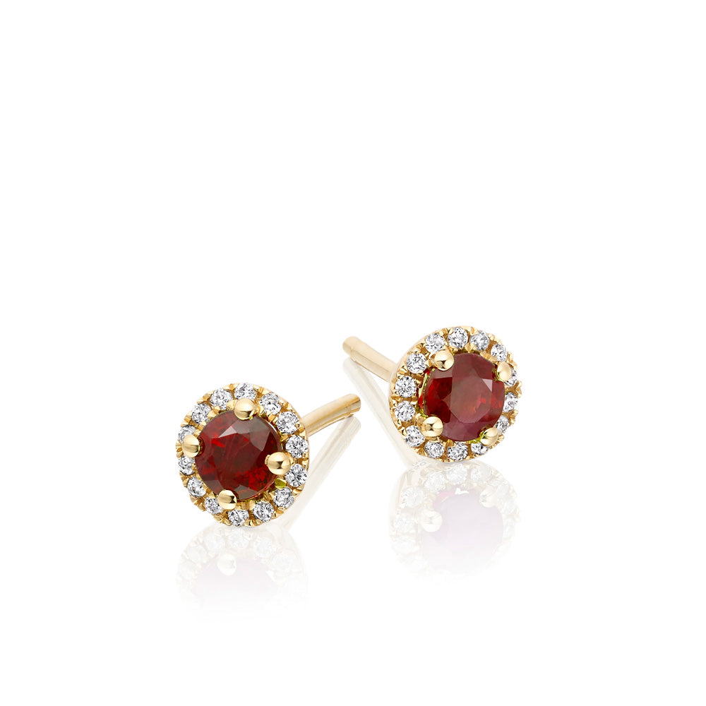 0.40ct Ruby Stud Earrings with Diamond Halo 18K Yellow Gold