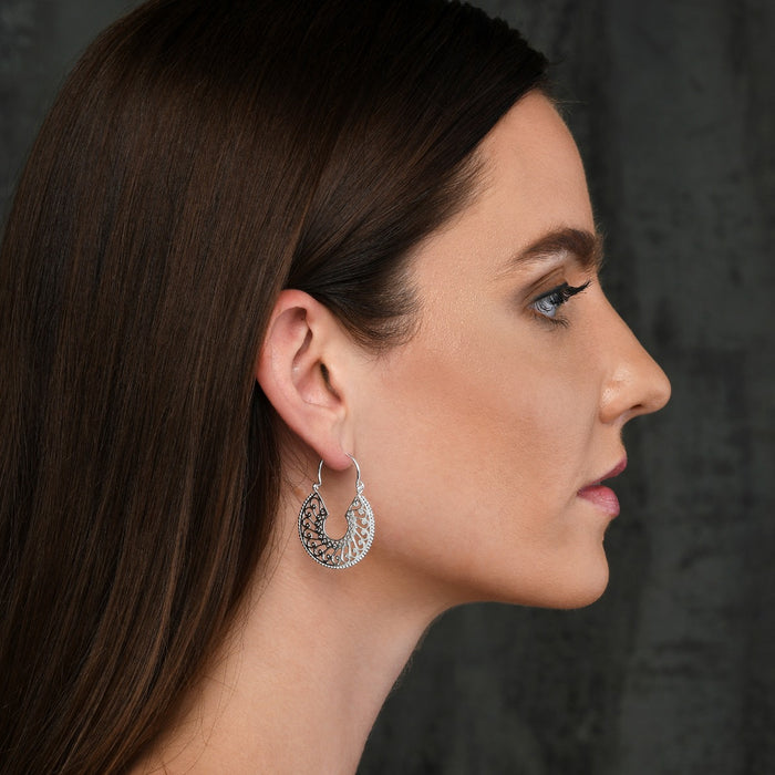 Intricate Design Vintage 925 Sterling Silver Hoop Earrings