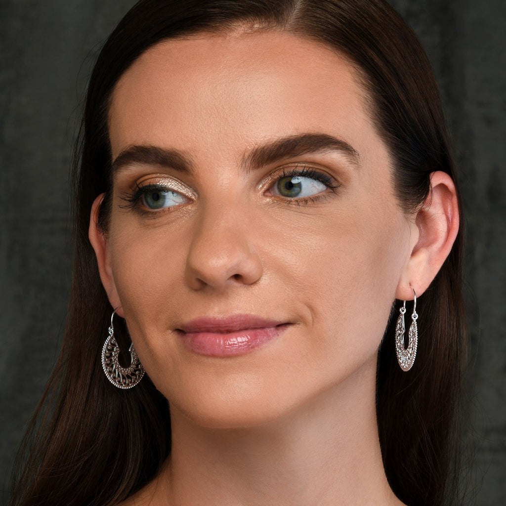 Intricate Design Vintage 925 Sterling Silver Hoop Earrings