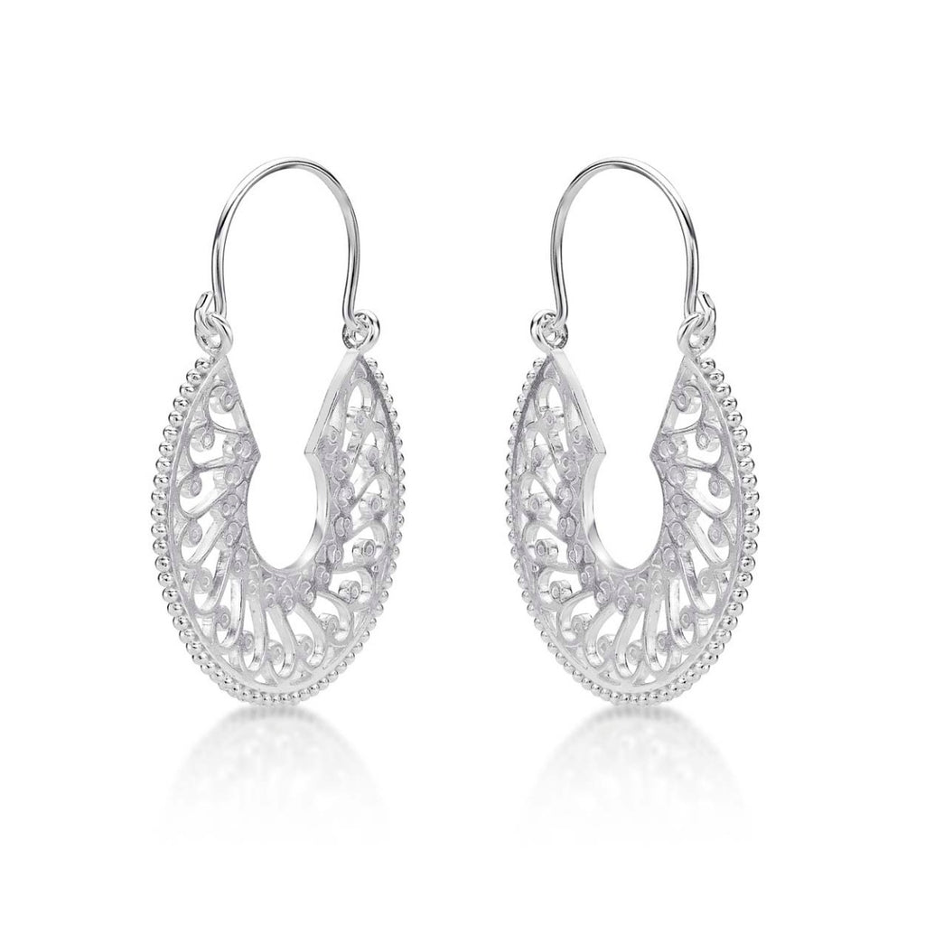 Side view of Intricate Design Vintage 925 Sterling Silver Hoop Earrings