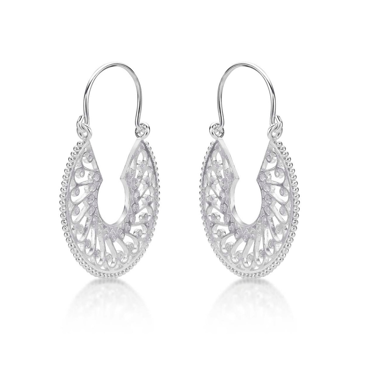 Side view of Intricate Design Vintage 925 Sterling Silver Hoop Earrings