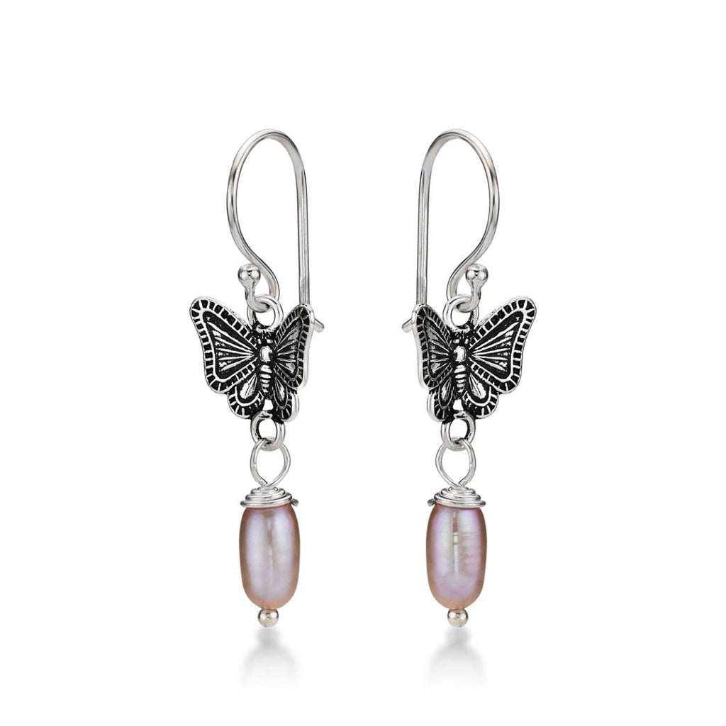 Side view of Pearl and Oxidised Butterfly Drop Earrings in 925 Sterling Silver