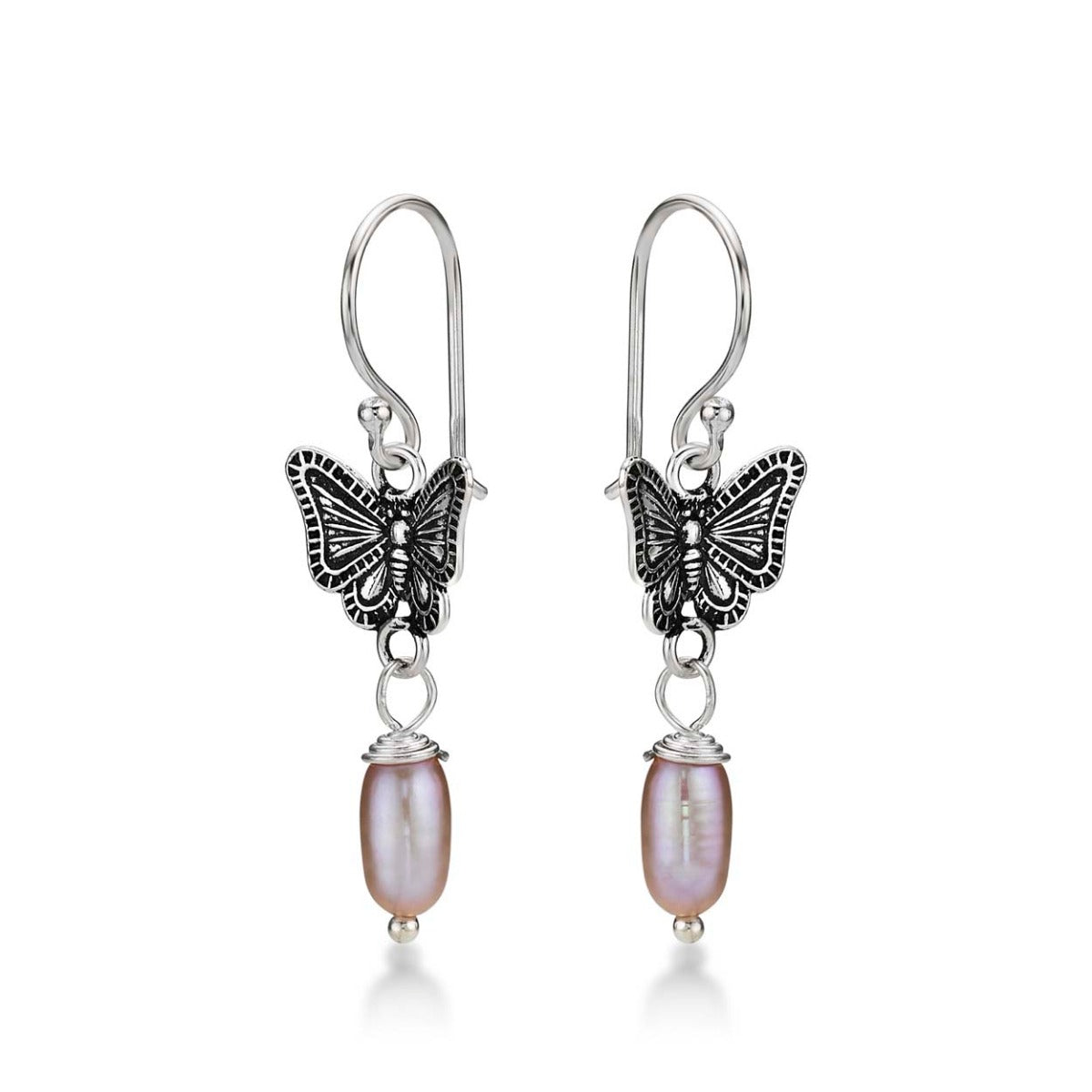 Side view of Pearl and Oxidised Butterfly Drop Earrings in 925 Sterling Silver