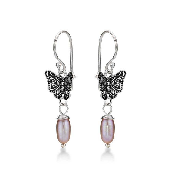Pearl and Oxidised Butterfly Drop Earrings in 925 Sterling Silver