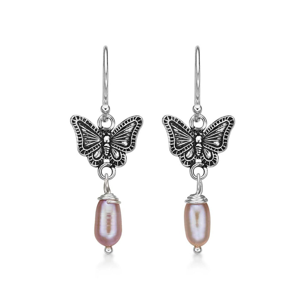 Pearl and Oxidised Butterfly Drop Earrings in 925 Sterling Silver