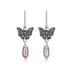 Pearl and Oxidised Butterfly Drop Earrings in 925 Sterling Silver