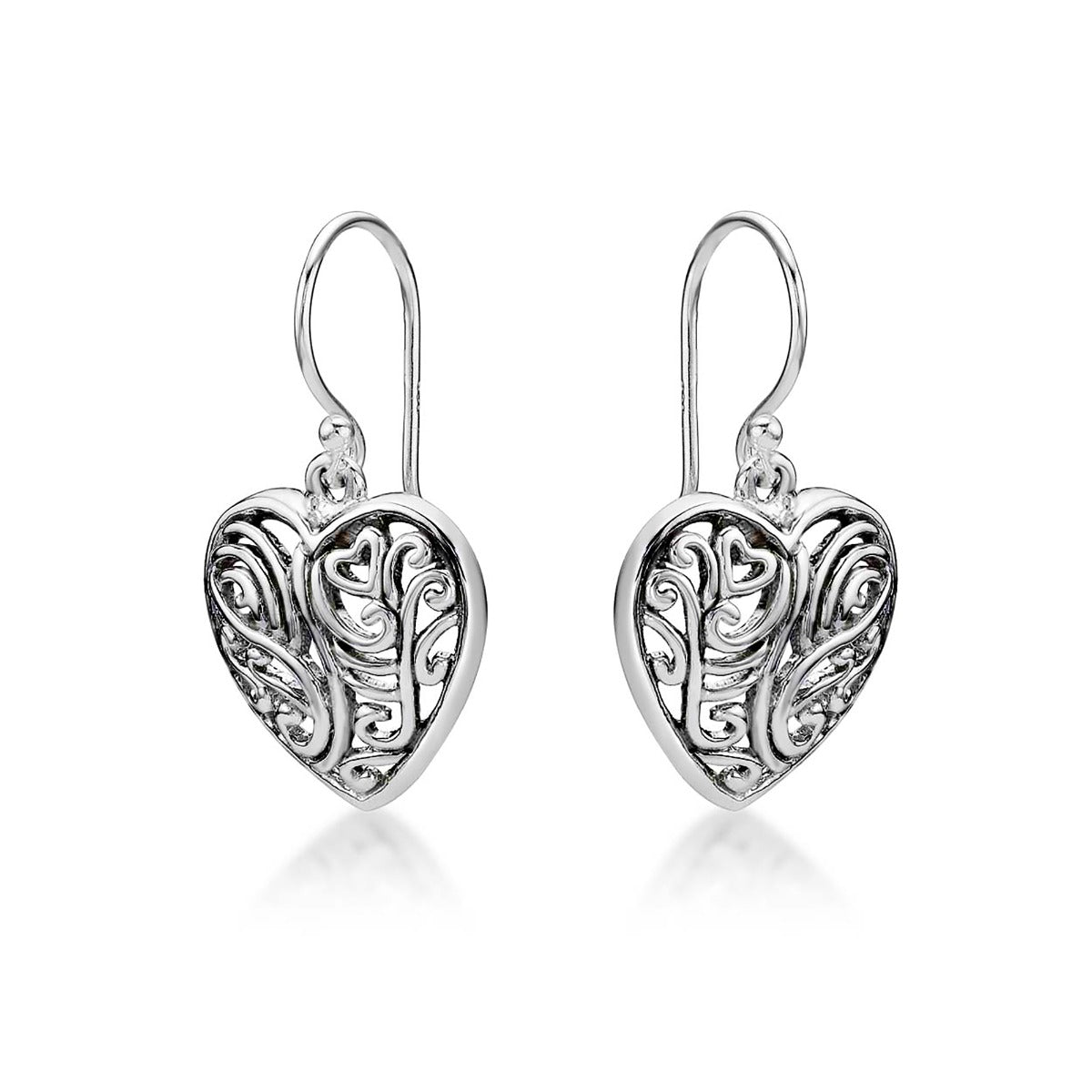 Side view of Swirling Heart 925 Sterling Silver Dangle Earrings