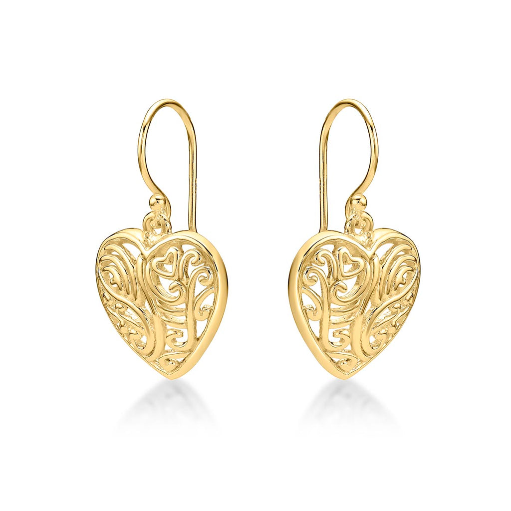 Swirling Heart Gold Plated 925 Sterling Silver Dangle Earrings