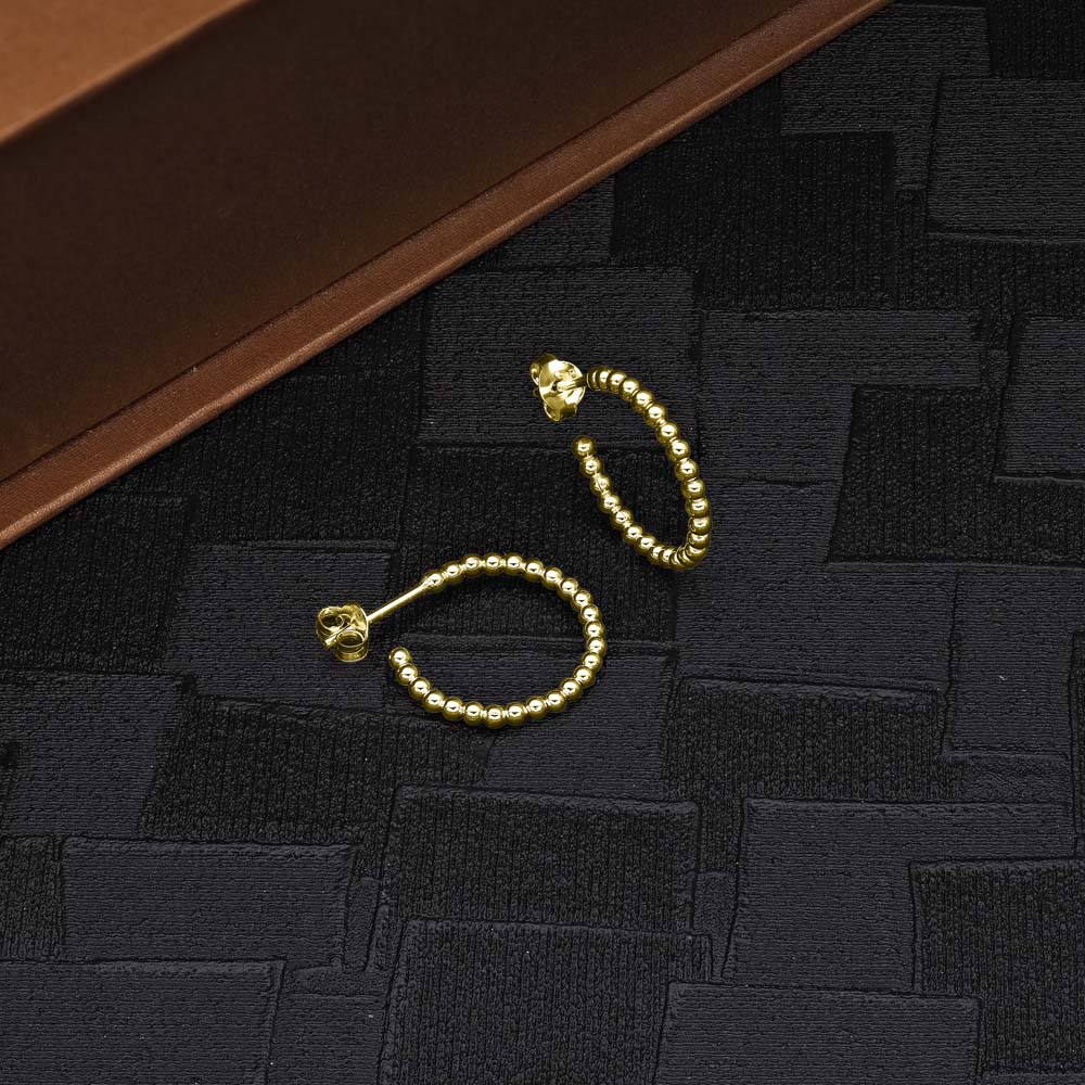 Beaded Design Gold Plated 925 Sterling Silver Hoop Earrings on black surface