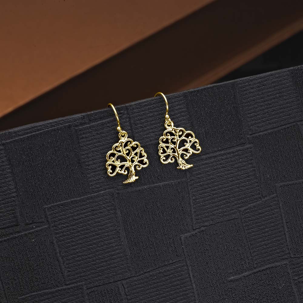 Gold Plated Tree of Life 925 Sterling Silver Dangle Earrings on black surface