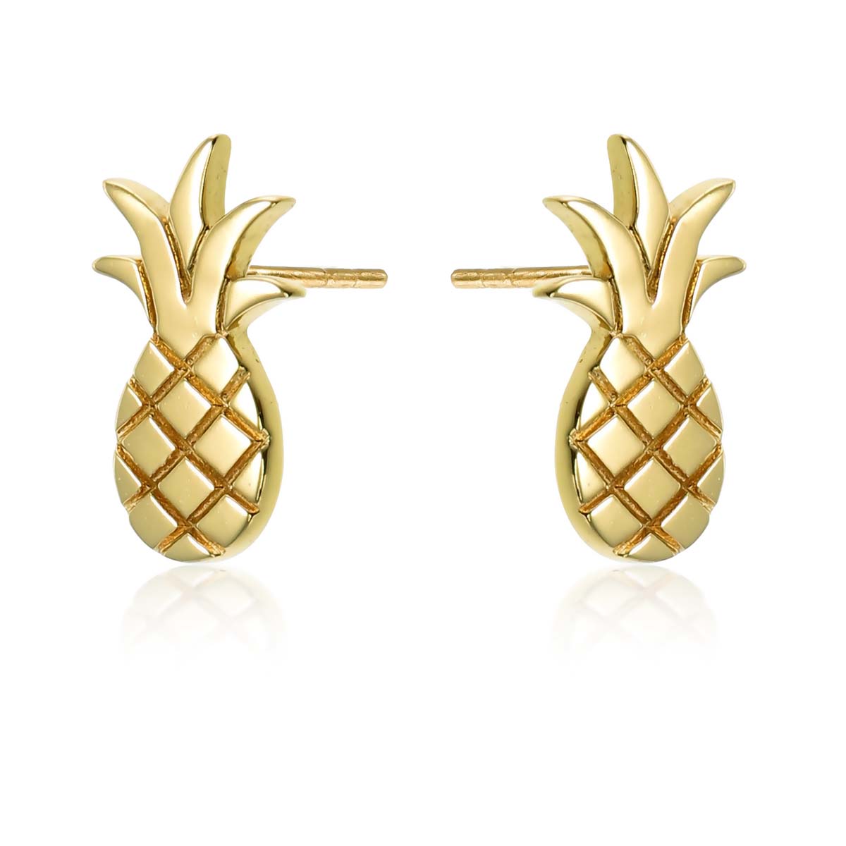 Gold Flat Pineapple Stud Earrings in Sterling Silver side view