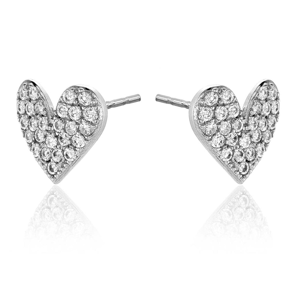 Pave Heart Stud Earrings with Cubic Zirconia in Sterling Silver side view