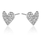 Pave Heart Stud Earrings with Cubic Zirconia in Sterling Silver side view