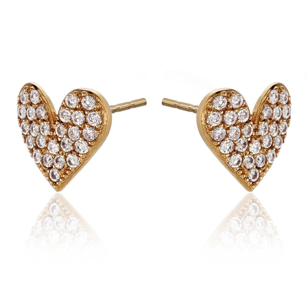 Gold Pave Heart Stud Earrings with Cubic Zirconia in Sterling Silver side view