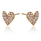 Gold Pave Heart Stud Earrings with Cubic Zirconia in Sterling Silver side view
