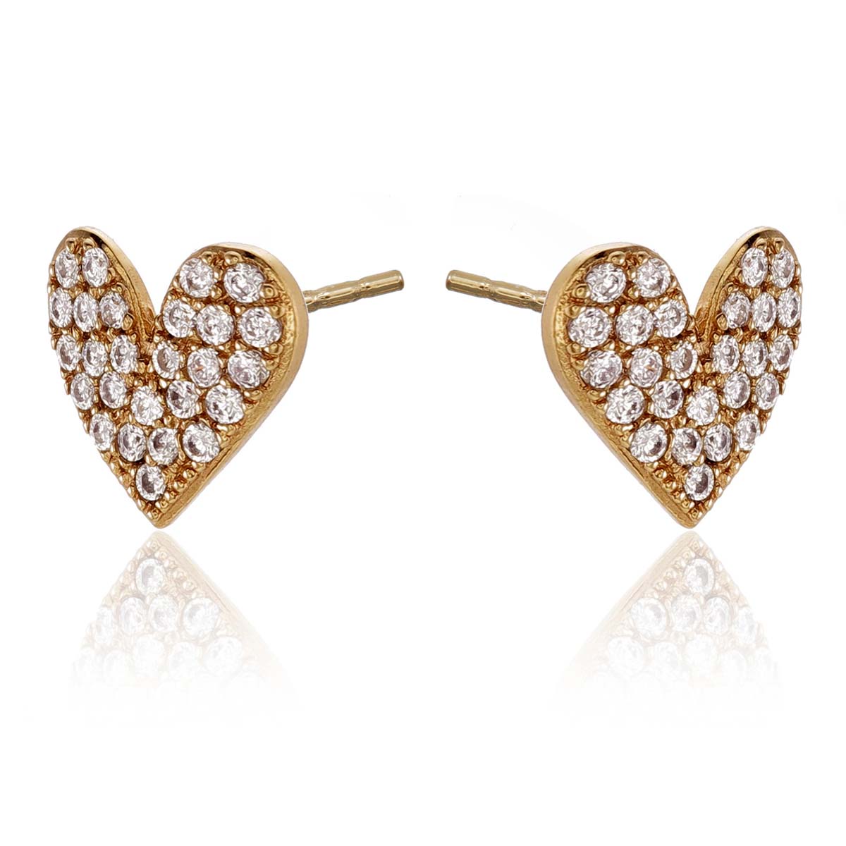 Gold Pave Heart Stud Earrings with Cubic Zirconia in Sterling Silver side view