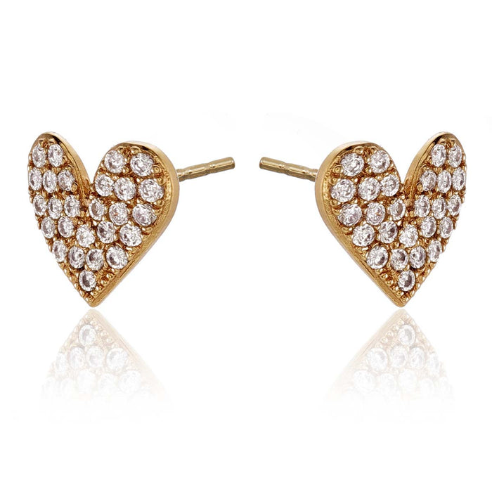 Gold Pave Heart Stud Earrings with Cubic Zirconia in Sterling Silver