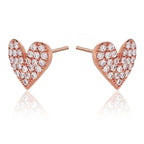 Rose Gold Heart Stud Earrings with Pave Cubic Zirconia in Sterling Silver