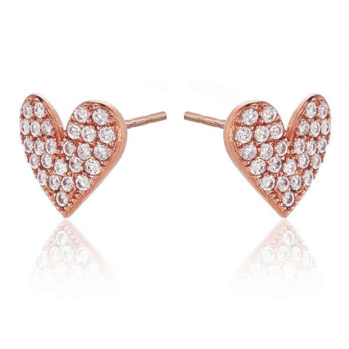 Rose Gold Heart Stud Earrings with Pave Cubic Zirconia in Sterling Silver
