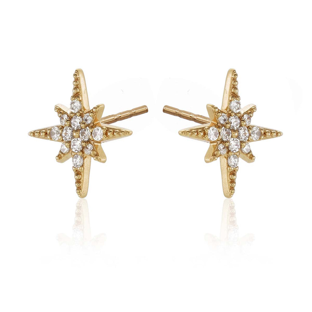Gold Sparkling Star Stud Earrings Cubic Zirconia in Sterling Silver side view
