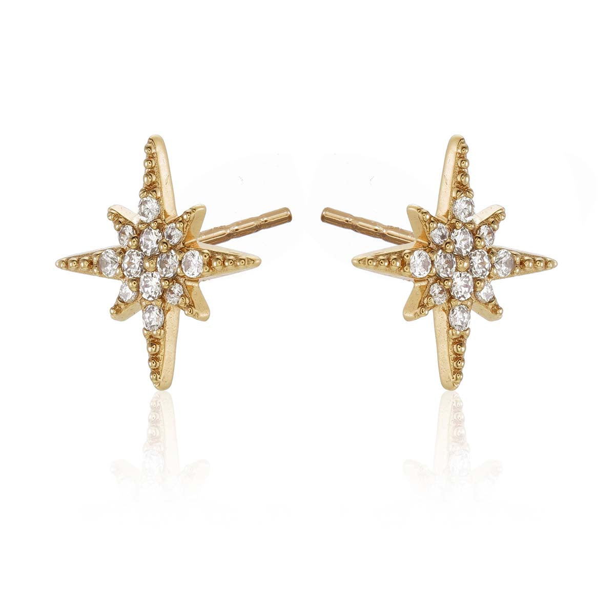 Gold Sparkling Star Stud Earrings Cubic Zirconia in Sterling Silver side view