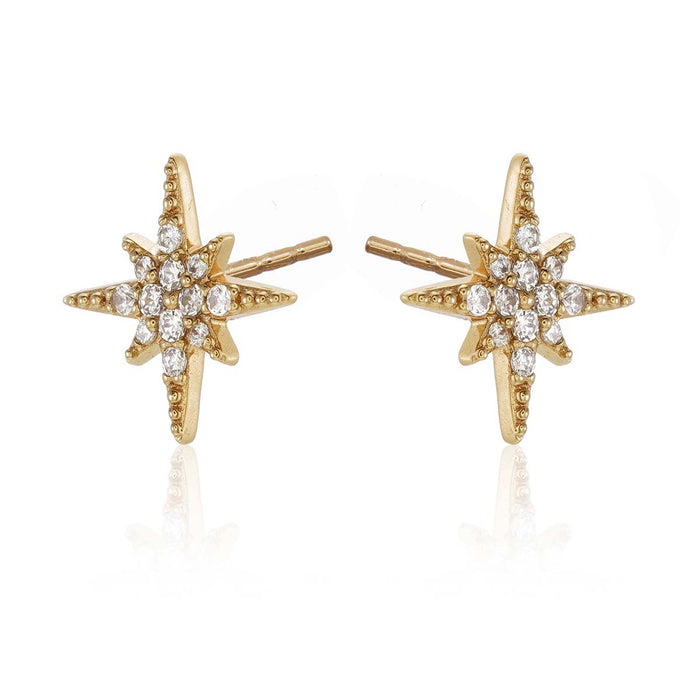 Gold Sparkling Star Stud Earrings Cubic Zirconia in Sterling Silver