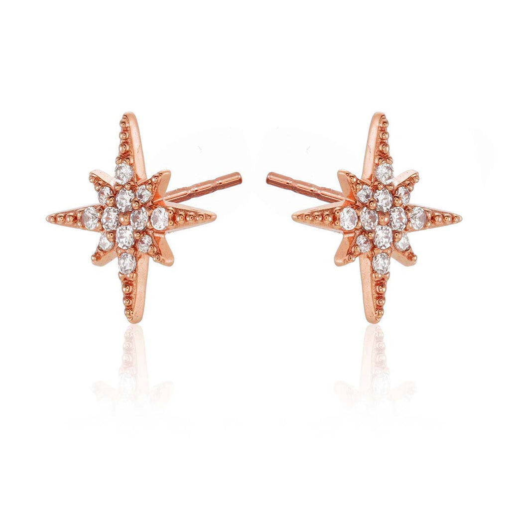 Rose Gold North Star Stud Earrings Cubic Zirconia in Sterling Silver