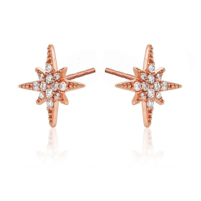 Rose Gold North Star Stud Earrings Cubic Zirconia in Sterling Silver