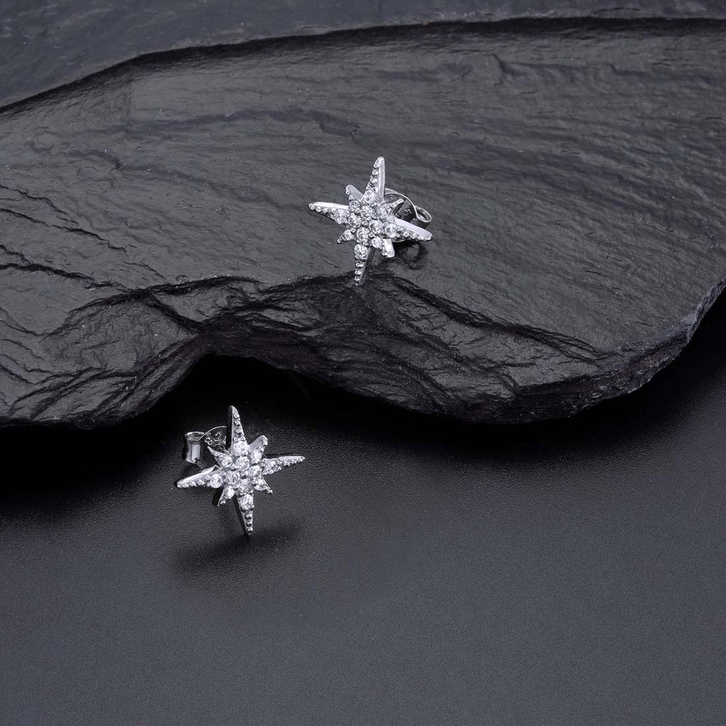 Sparkling Star Stud Earrings with Cubic Zirconia in Sterling Silver
