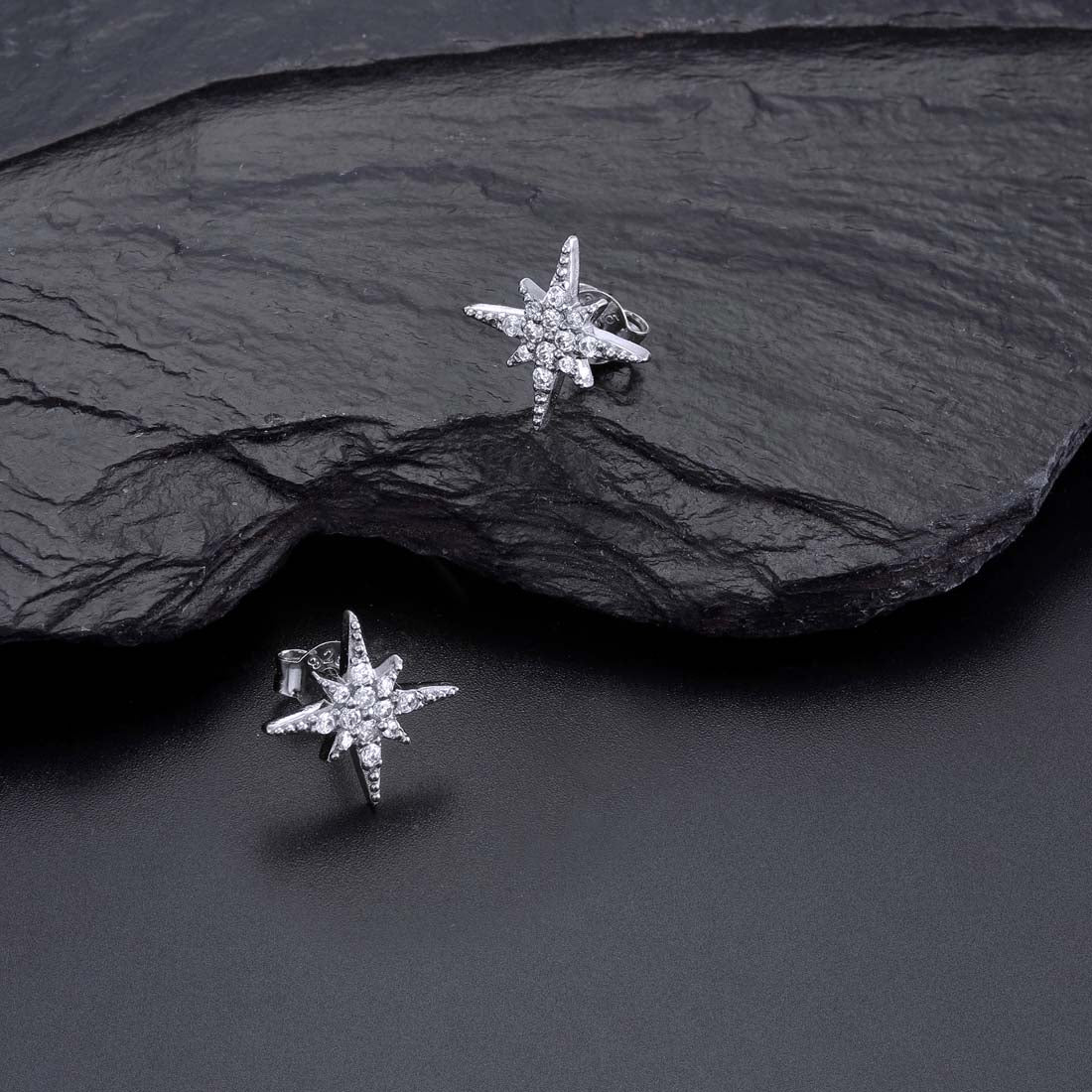 Sparkling Star Stud Earrings with Cubic Zirconia in Sterling Silver