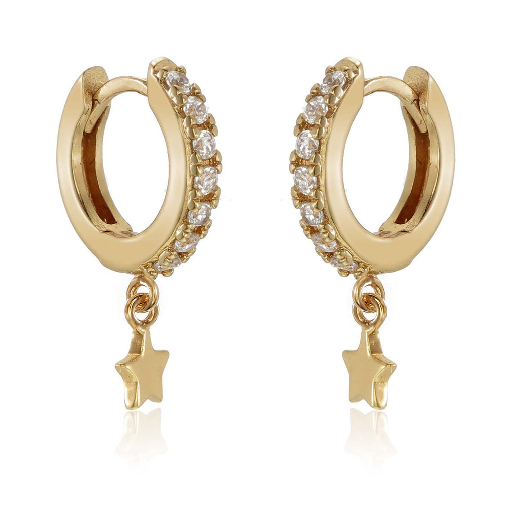Star Drop Gold Hoop Earrings Cubic Zirconia in Sterling Silver side view