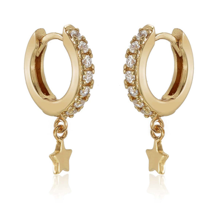 Star Drop Gold Hoop Earrings Cubic Zirconia in Sterling Silver
